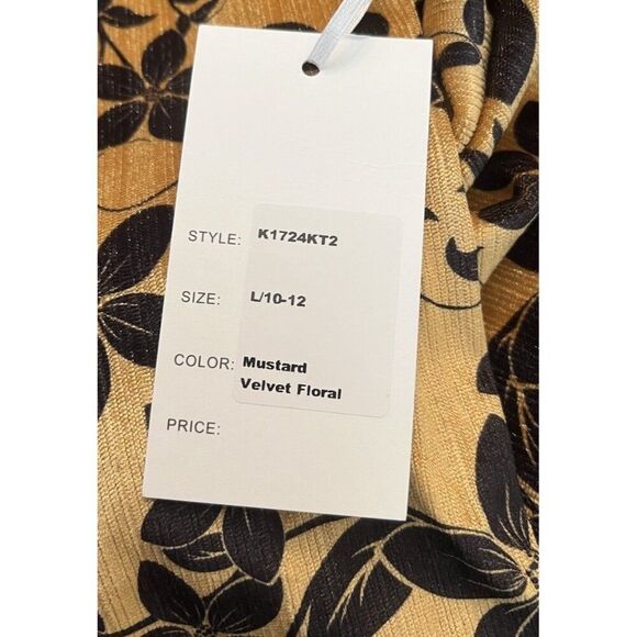 Womens Large Gold Mustard Velvet Floral Rhinestone Bow 3/4 Sleeve Blouse NWT - Picture 6 of 7